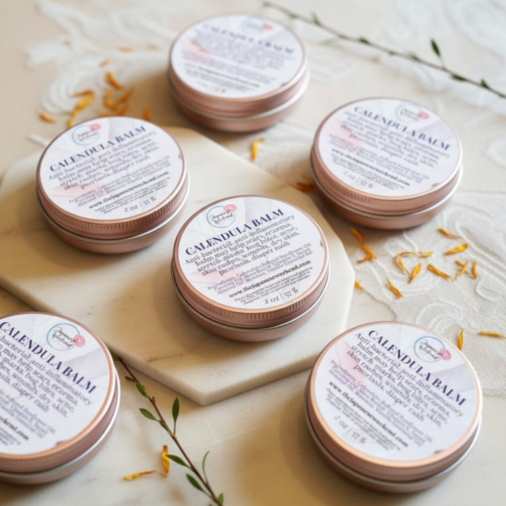 This anti-bacterial, anti-inflammatory balm may help adults, teens, toddlers and babies with scars, eczema, stretch marks, bug bites, acne, skin rashes, wounds, dry skin, psoriasis, diaper rash, sore nipples, pimples. Great for beards and mustache, gents! Use in on dogs or cats for dry paws, noses, elbows and small cuts.
Ingredients: Calendula-infused Sunflower Oil, Coconut Oil, Shea Butter, Vitamin E, Sweet Almond Oil, Beeswax, Vanilla Essential Oil or Unscented