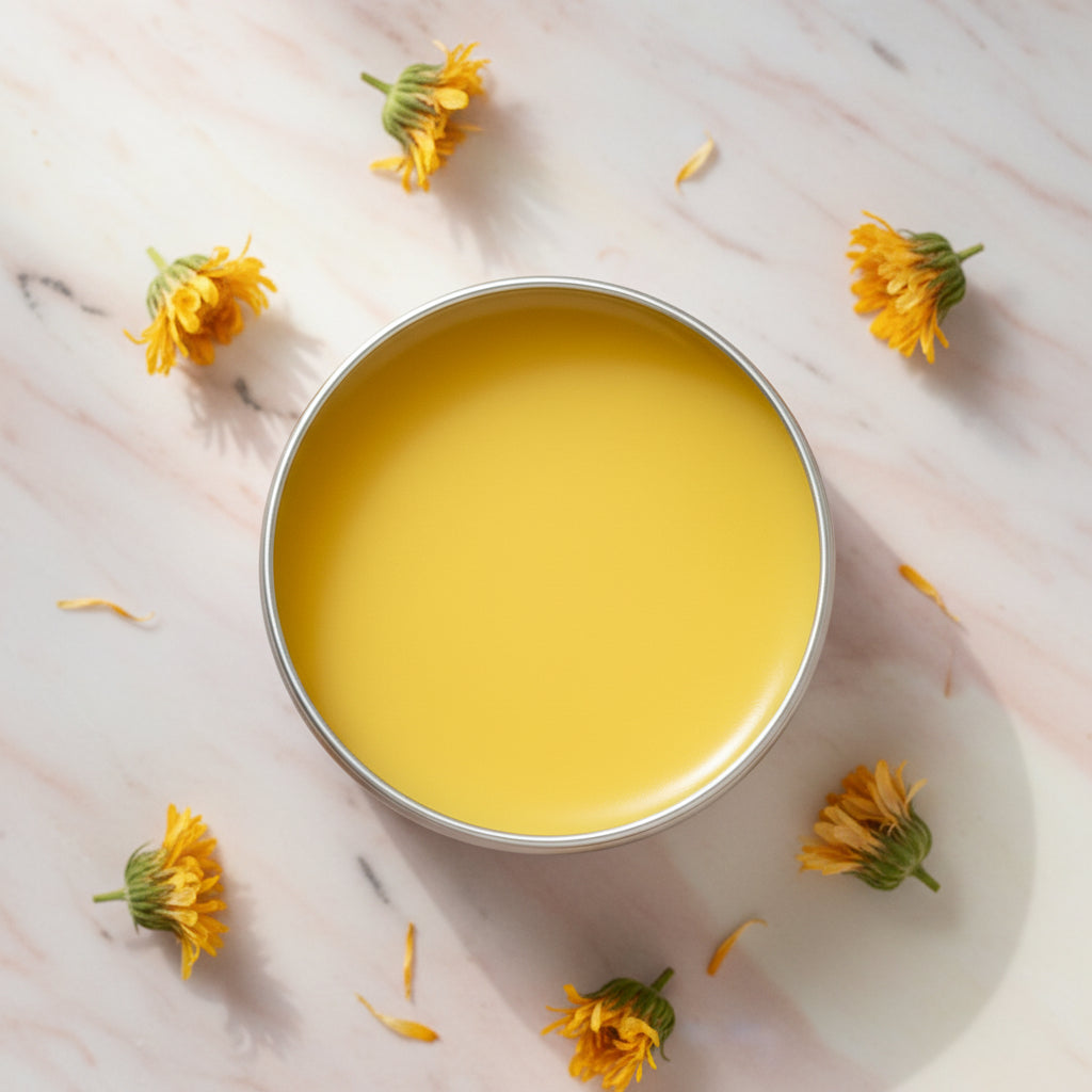 This anti-bacterial, anti-inflammatory balm may help adults, teens, toddlers and babies with scars, eczema, stretch marks, bug bites, acne, skin rashes, wounds, dry skin, psoriasis, diaper rash, sore nipples, pimples. Great for beards and mustache, gents! Use in on dogs or cats for dry paws, noses, elbows and small cuts.

Ingredients: Calendula-infused Sunflower Oil, Coconut Oil, Shea Butter, Vitamin E, Sweet Almond Oil, Beeswax, Vanilla Essential Oil or Unscented